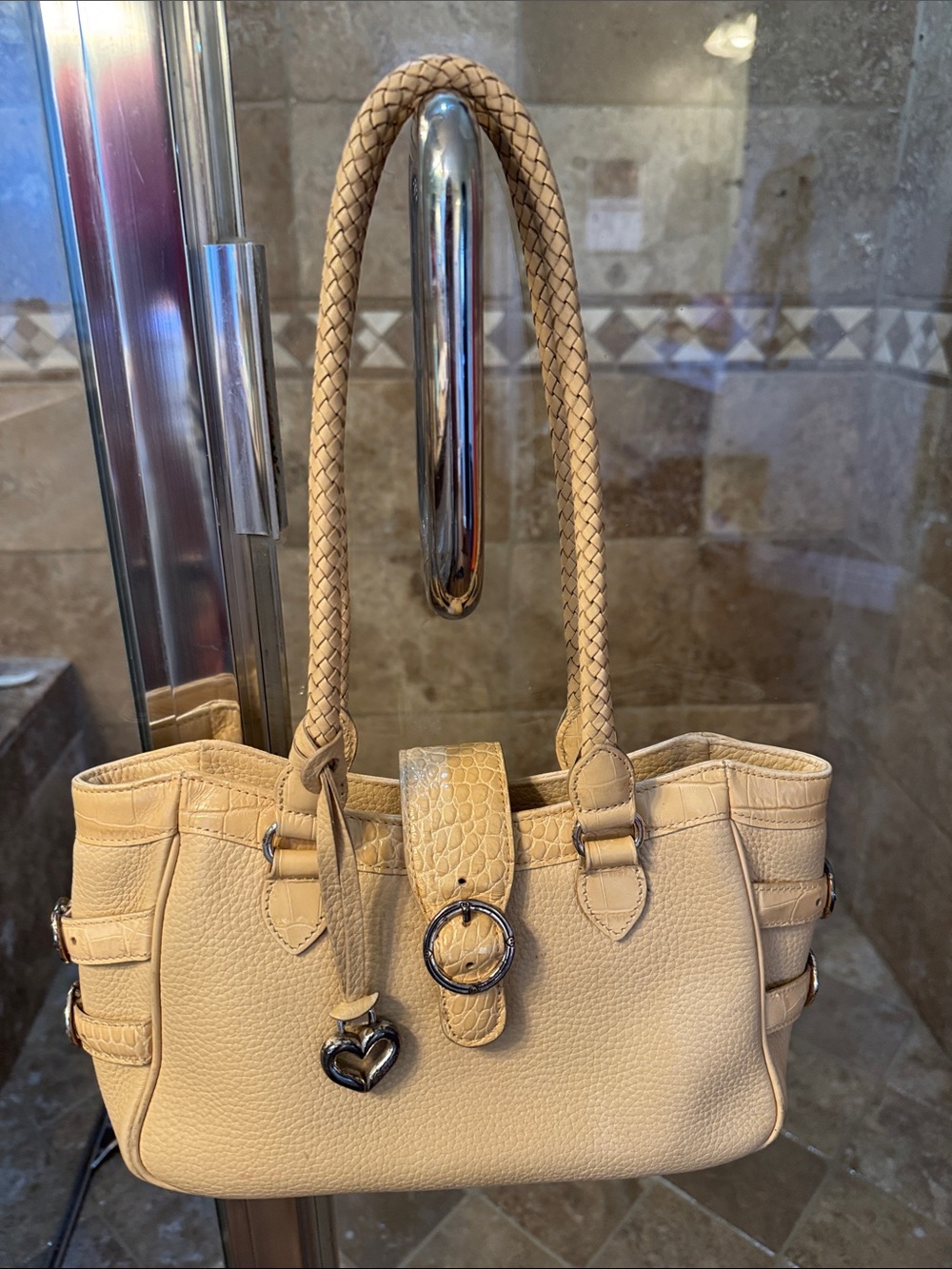 Brighton Cream Braided-Handle Shoulder Bag with Heart Charm